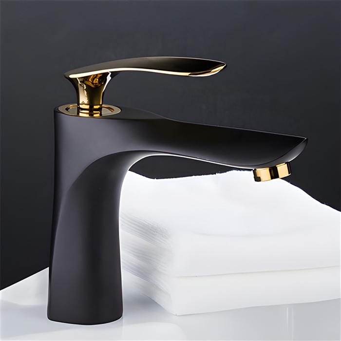 Single Handle Long Reach Spout Black & Gold Bathroom Faucet